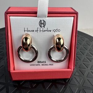 House of Harlow 1960 Brass Two Tone Hoop Earrings Gold Silver Lead Nickel Free